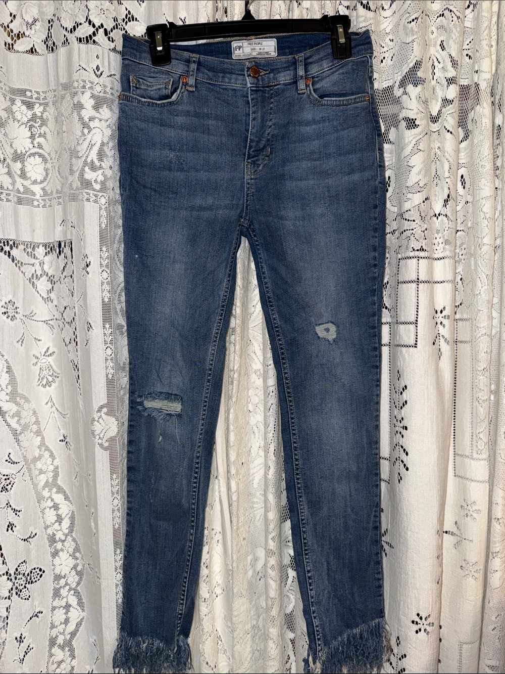 Free People Midwash Skinny Jeans with Frayed Hem